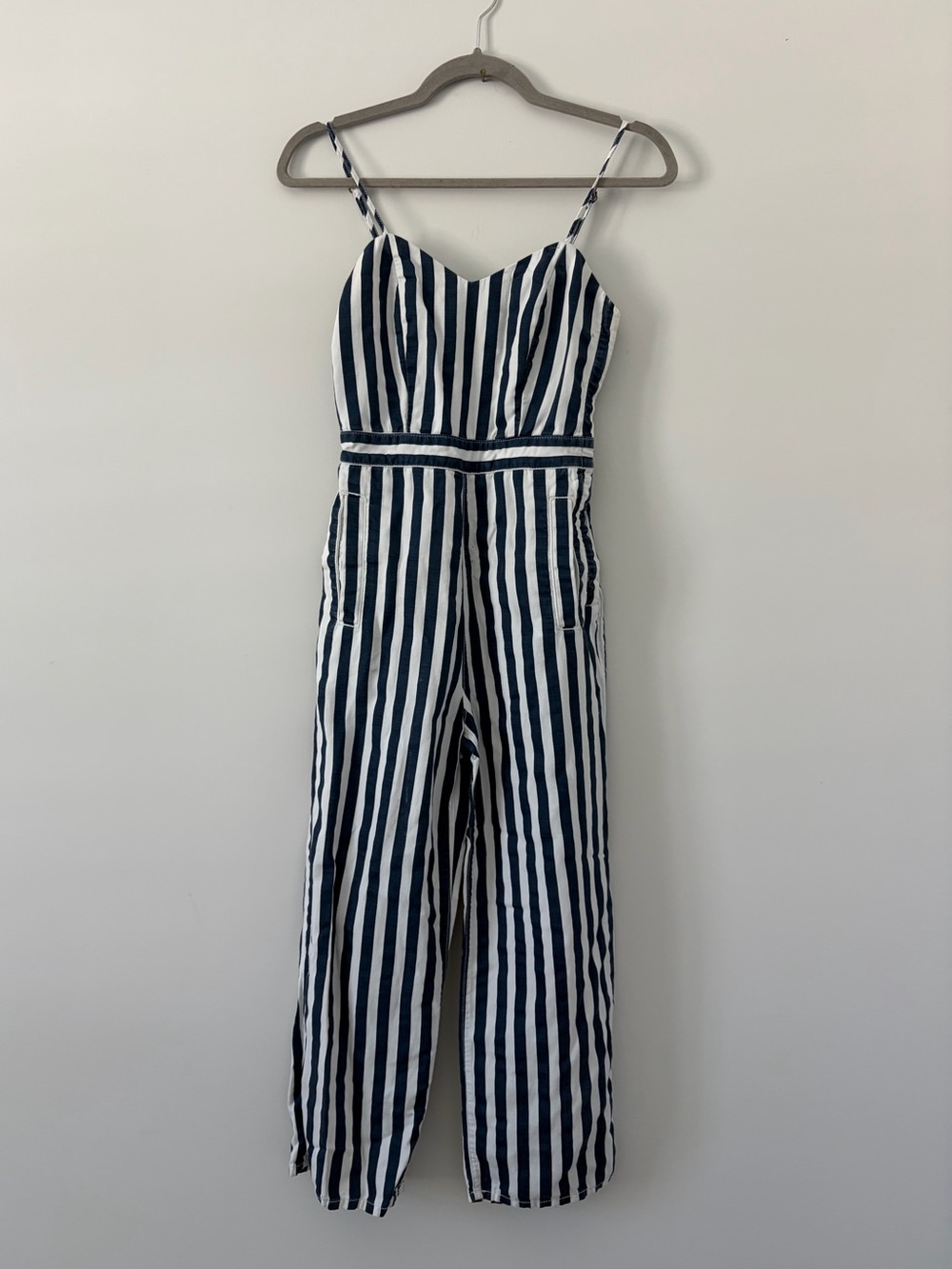 Mother The Cut It Out Linen Jumpsuit Blue White Pinstripe Sleeveless Wide Leg XS